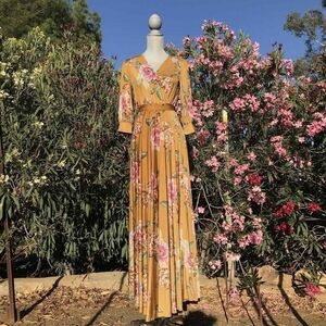Janette Long Sleeve Floral Mustard Maxi Dress Women's Size Small To Medium